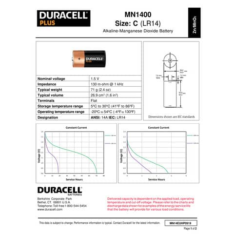 Batterie alcaline Duracell Plus100 Mezzatorcia C - MN1400 - blister da 2 - DU0301